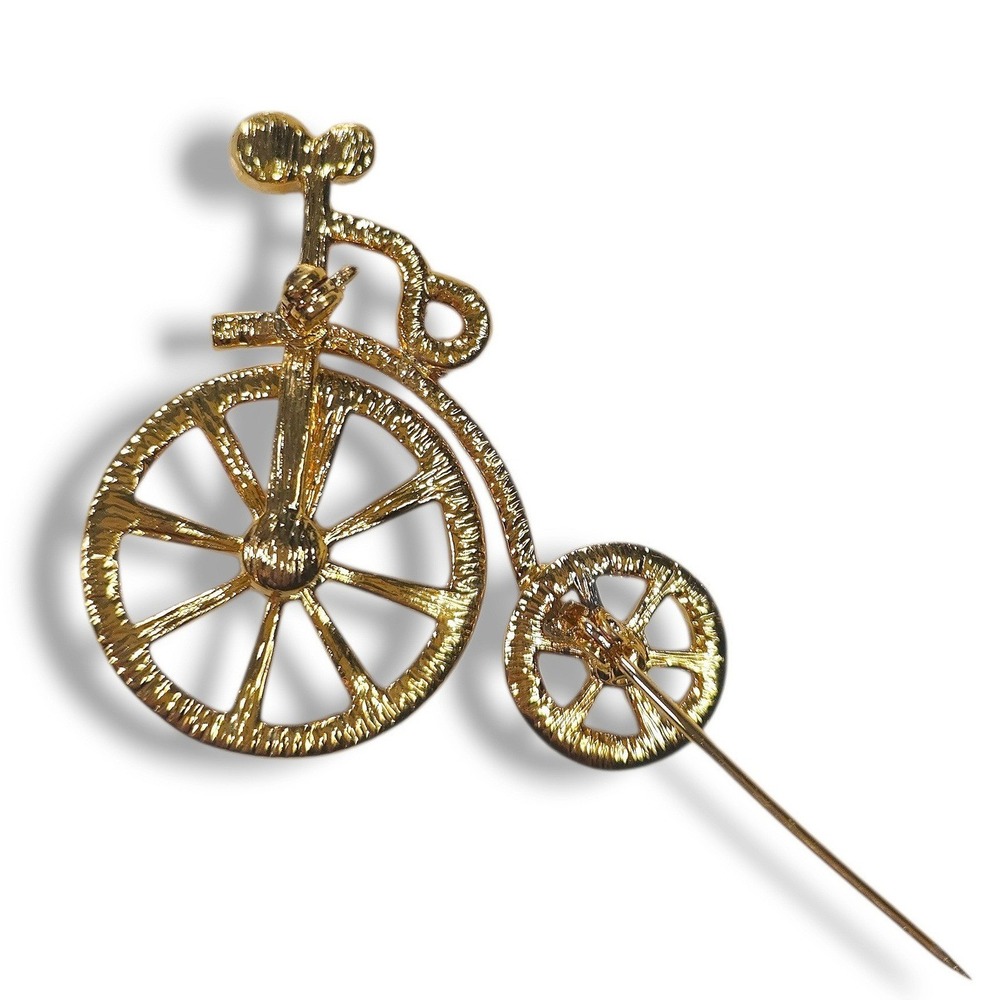 Rhinestone Penny Farthing Bicycle Brooch Moving Wheels Gold Tone Vintage OS - Picture 4 of 5